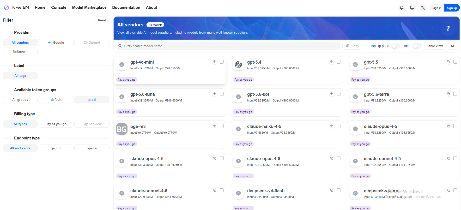 InnoSpark model marketplace showing model cards from multiple providers